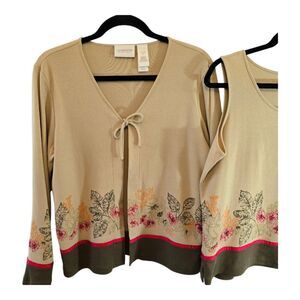 LIZ CLAIBORNE MEDIUM PETITE TAN OPEN CARDIGAN PLUS TANK SEQUINS PRINT BORDER